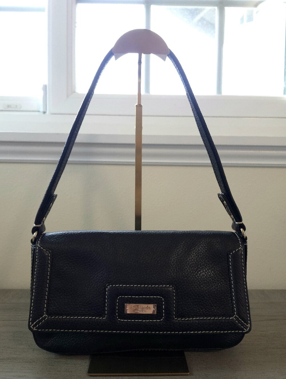 Kate Spade Black Pebbled Leather Shoulder Bag with White Stitching